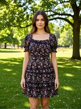 Trixxi Black Floral Square-Neck Mini Dress